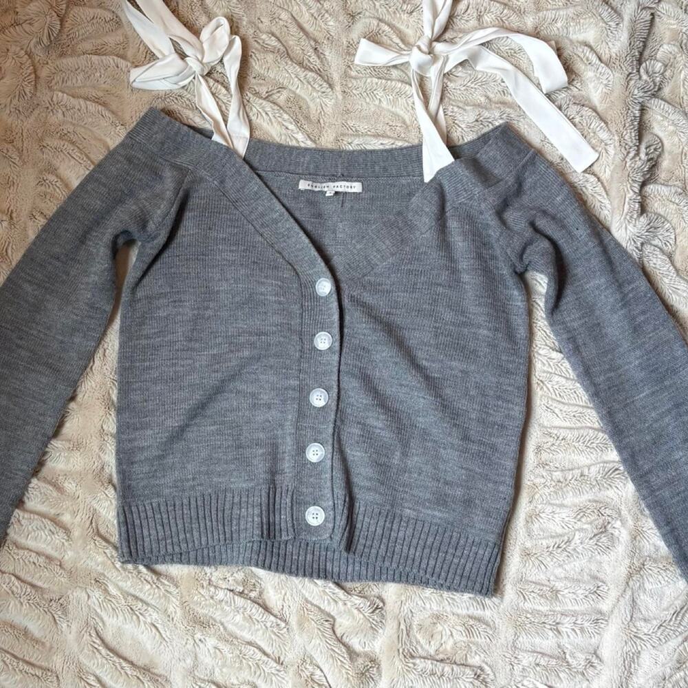 English Factory Off-The-Shoulder Ribbon Tie Cardigan size small